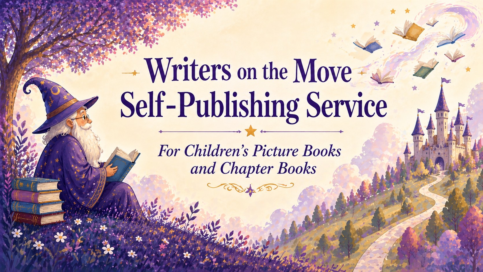 Wizard in a purple robe sits with a stack of books, reading beside a magical tree and a castle, advertising 'Writers on the Move Self-Publishing Service' for children's books.