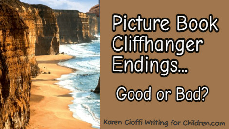 Split image: left shows a rocky cliff coastline and sandy beach with waves; right is a brown panel with bold white outlined text: 'Picture Book Cliffhanger Endings... Good or Bad?' (credit line at bottom).