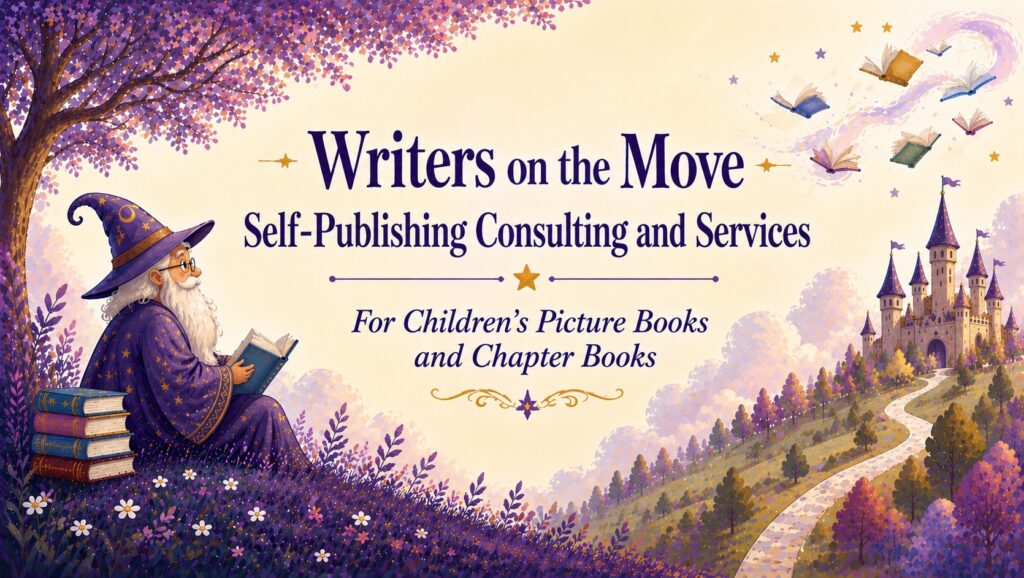 Wizard in purple robes sits among purple flowers, reading a book with a castle in the distance; banner for Writers on the Move self-publishing services.